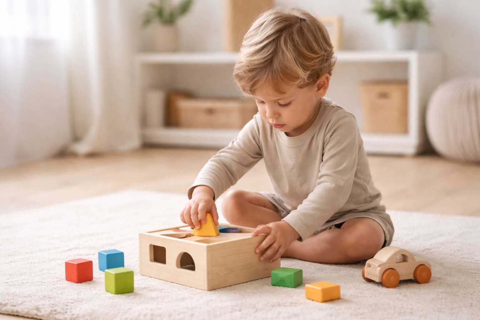 Dítě objevuje novou hračku – rozvoj motoriky a koordinace