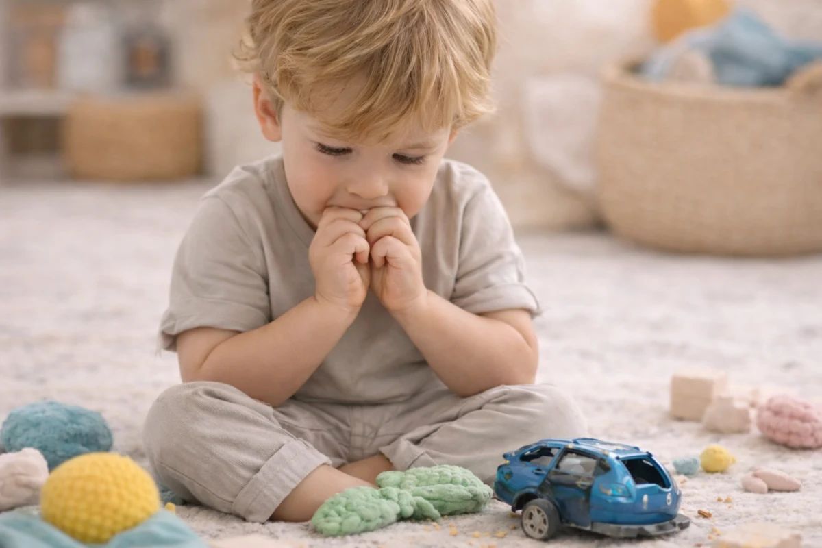 Dítě v dětském pokoji bojující se zlozvykem kousání nehtů a využívající antistresové pomůcky Senzokids.