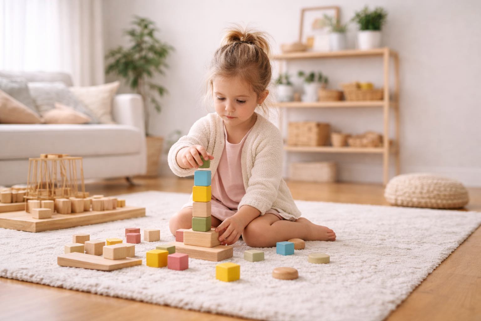 Dítě si hraje samostatně s kostkami – rozvoj jemné motoriky a soustředění