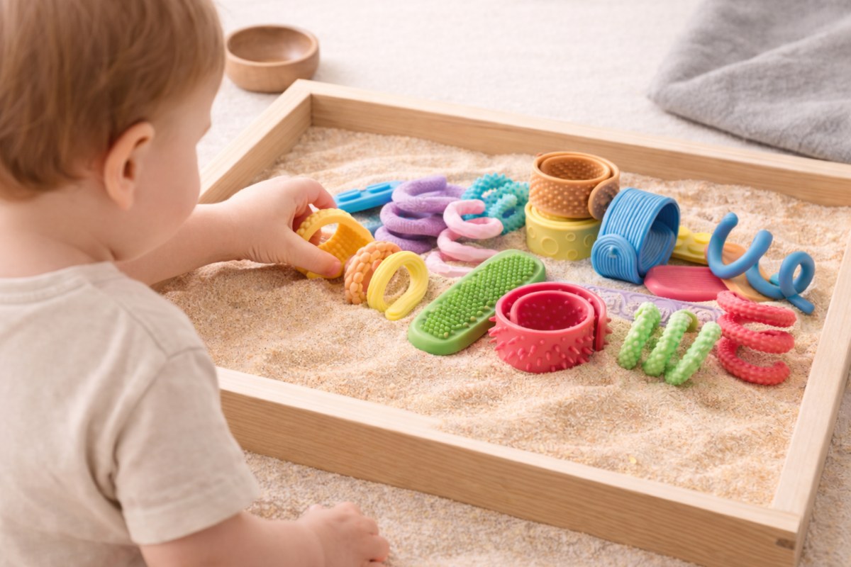 Dítě si hraje se senzorickými hračkami Senzokids v senzorickém pískovišti