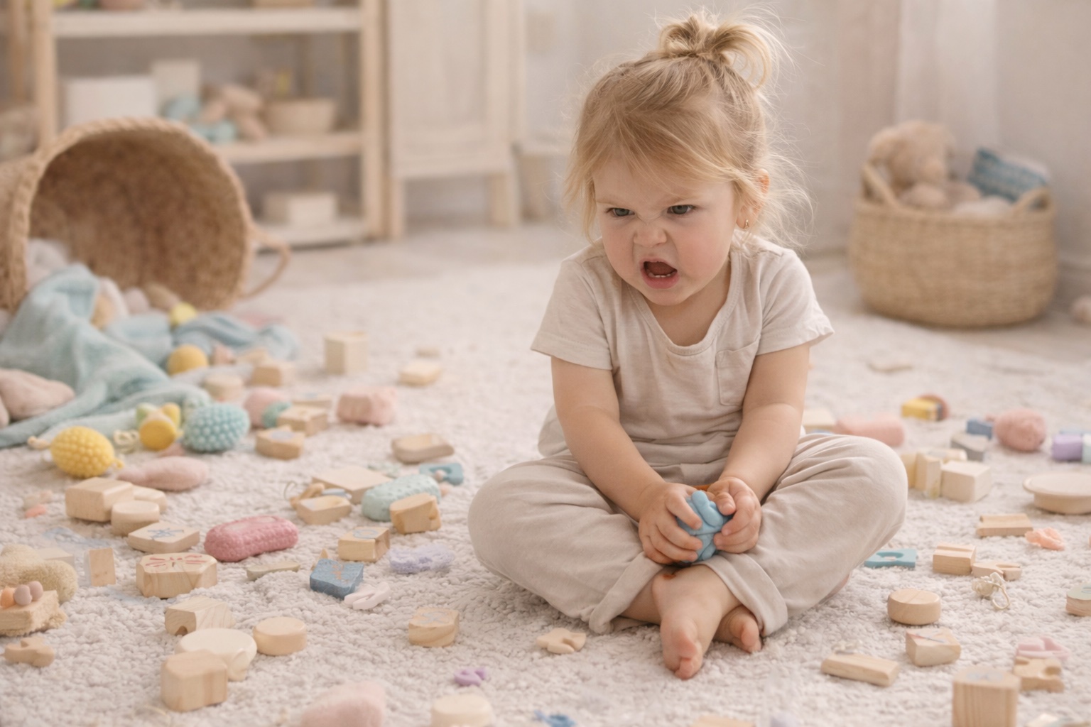 Dítě sedí mezi rozházenými hračkami a zakrývá si uši jako projev přetížení a smyslového zahlcení