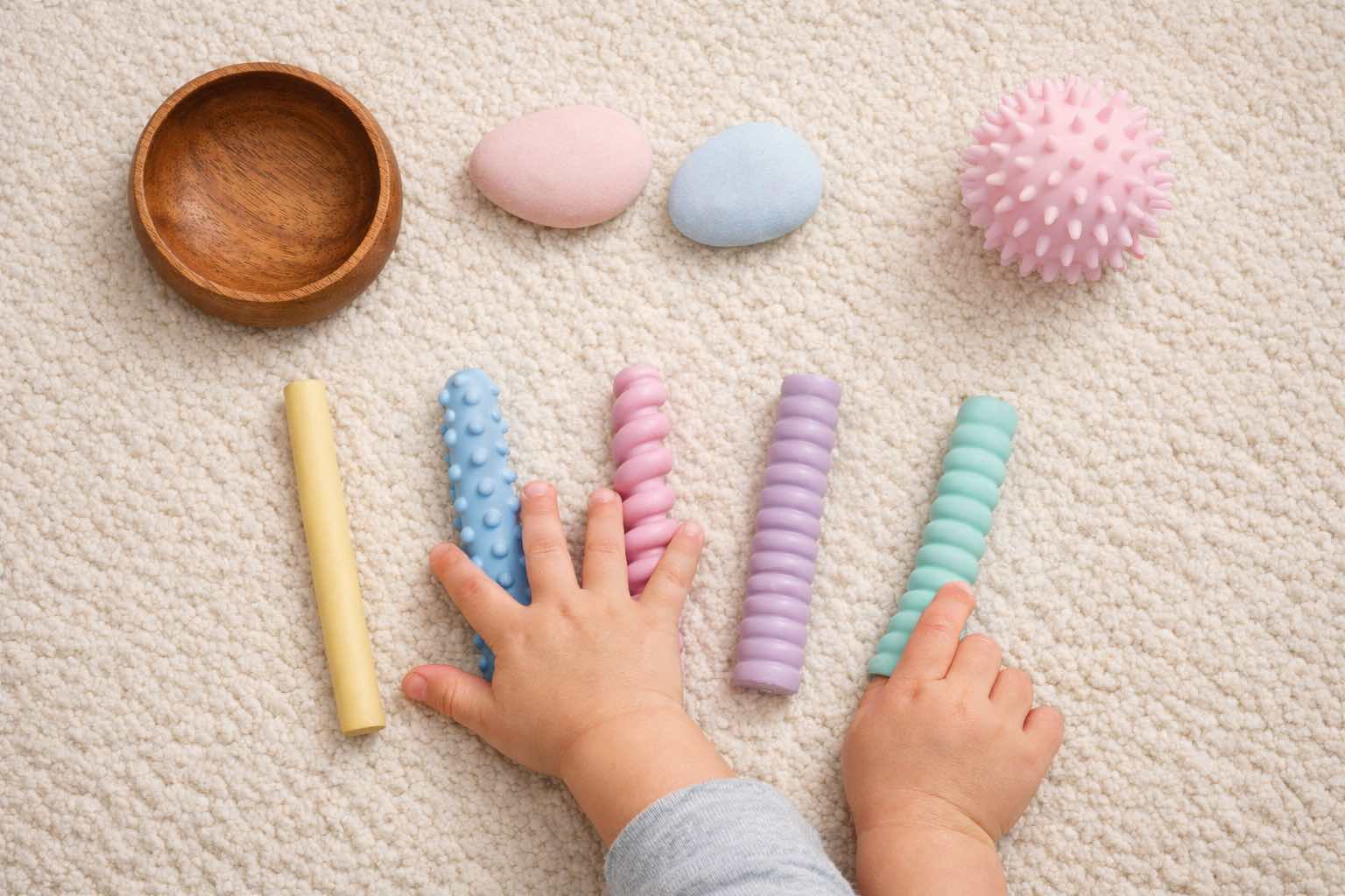 Senzomotorický vývoj dítěte – hmatová hra s barevnými tyčinkami