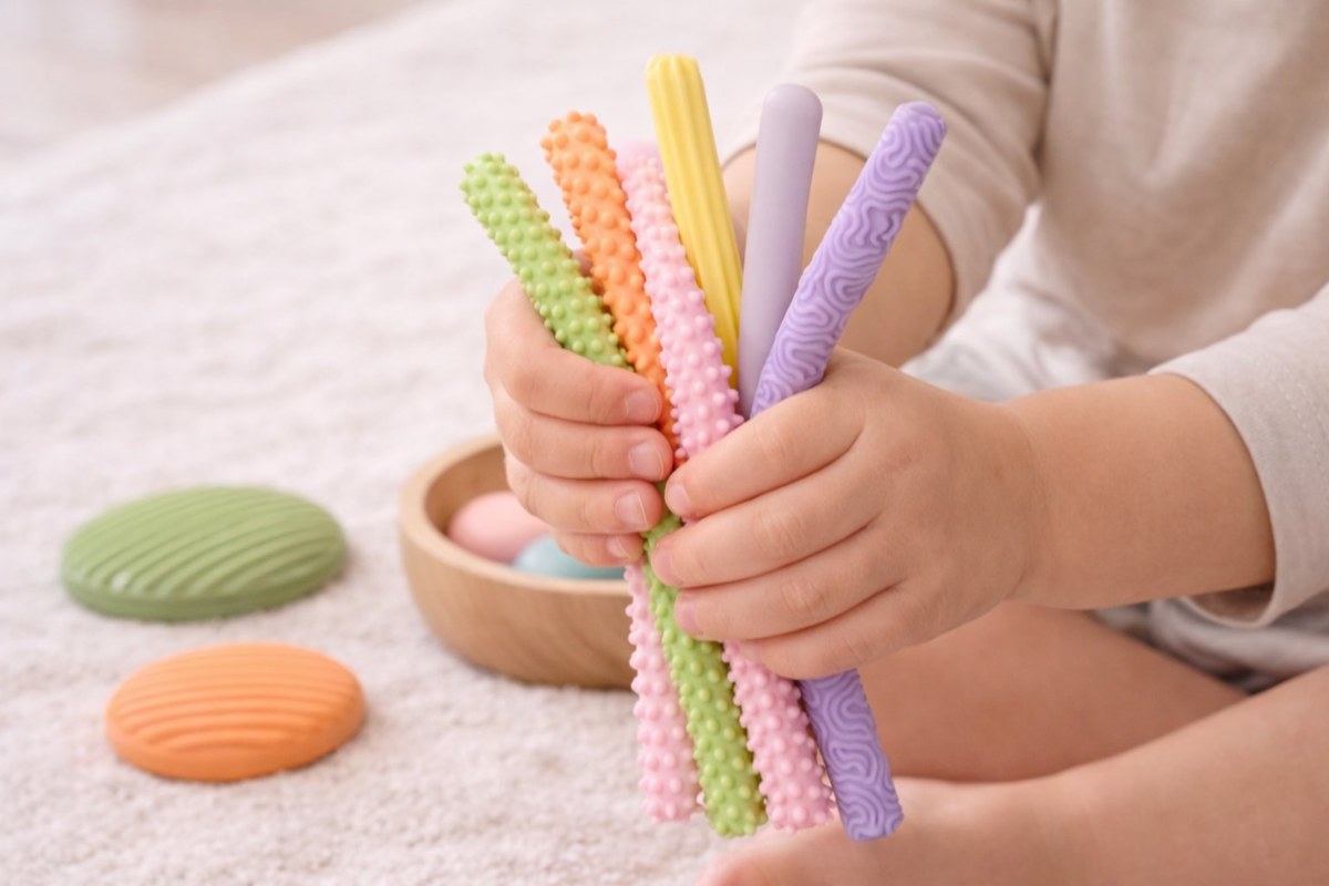 Dítě manipuluje s barevnými senzorickými tyčinkami – rozvoj jemné motoriky