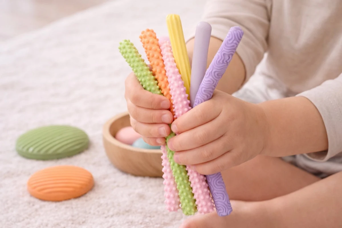 Dítě manipuluje s barevnými senzorickými tyčinkami – rozvoj jemné motoriky