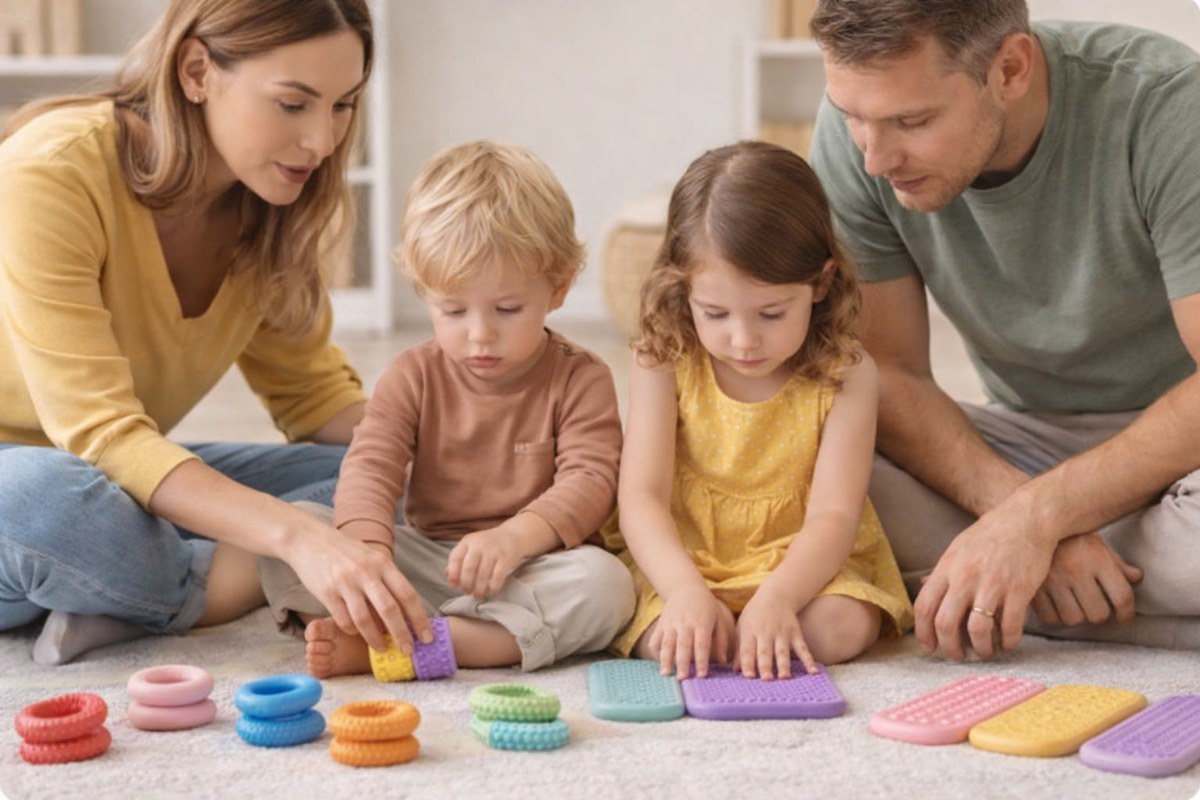 Děti objevují různé hmatové textury a senzomotorické pomůcky při hře na podlaze v dětském pokoji.