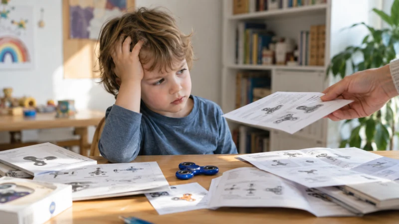 Dítě zavalené návody k fidget pomůcce – příliš složitá metodika používání
