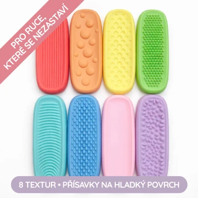 Sada 8 barevných senzorických Lepicích kamenů Senzokids s různými texturami a přísavkami na hladké povrchy.