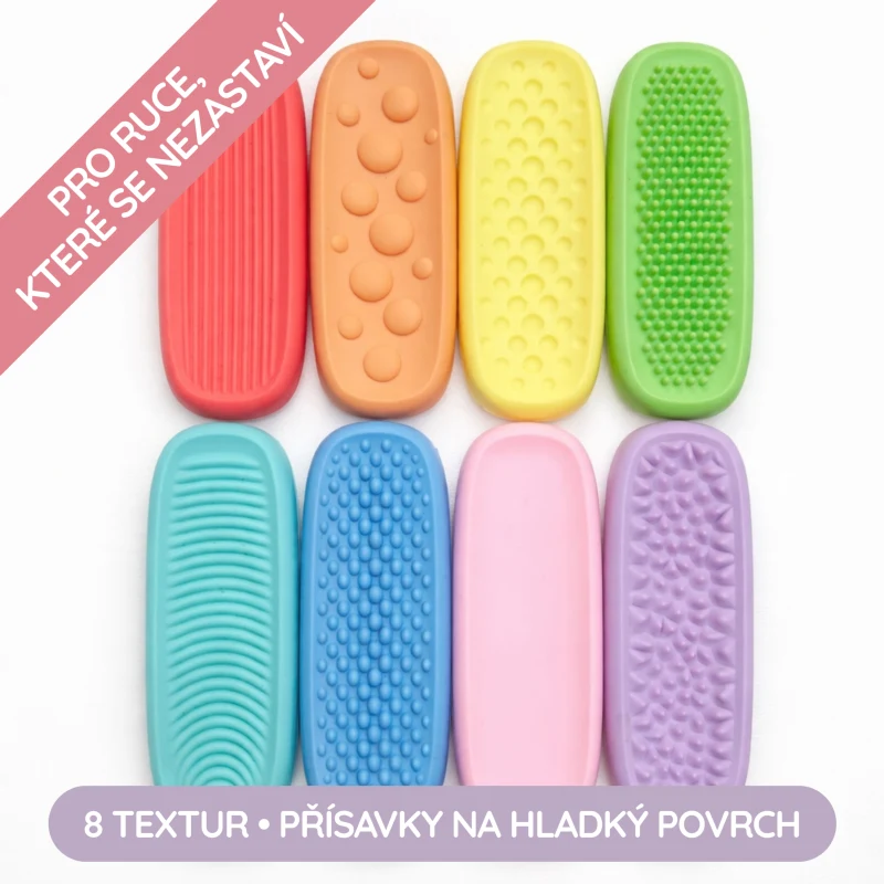 Sada 8 barevných senzorických Lepicích kamenů Senzokids s různými texturami a přísavkami na hladké povrchy.